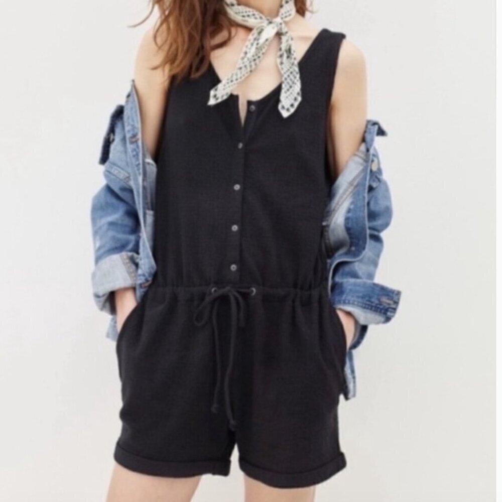 Madewell Cotton Button-front Jacquard Romper Black XXS